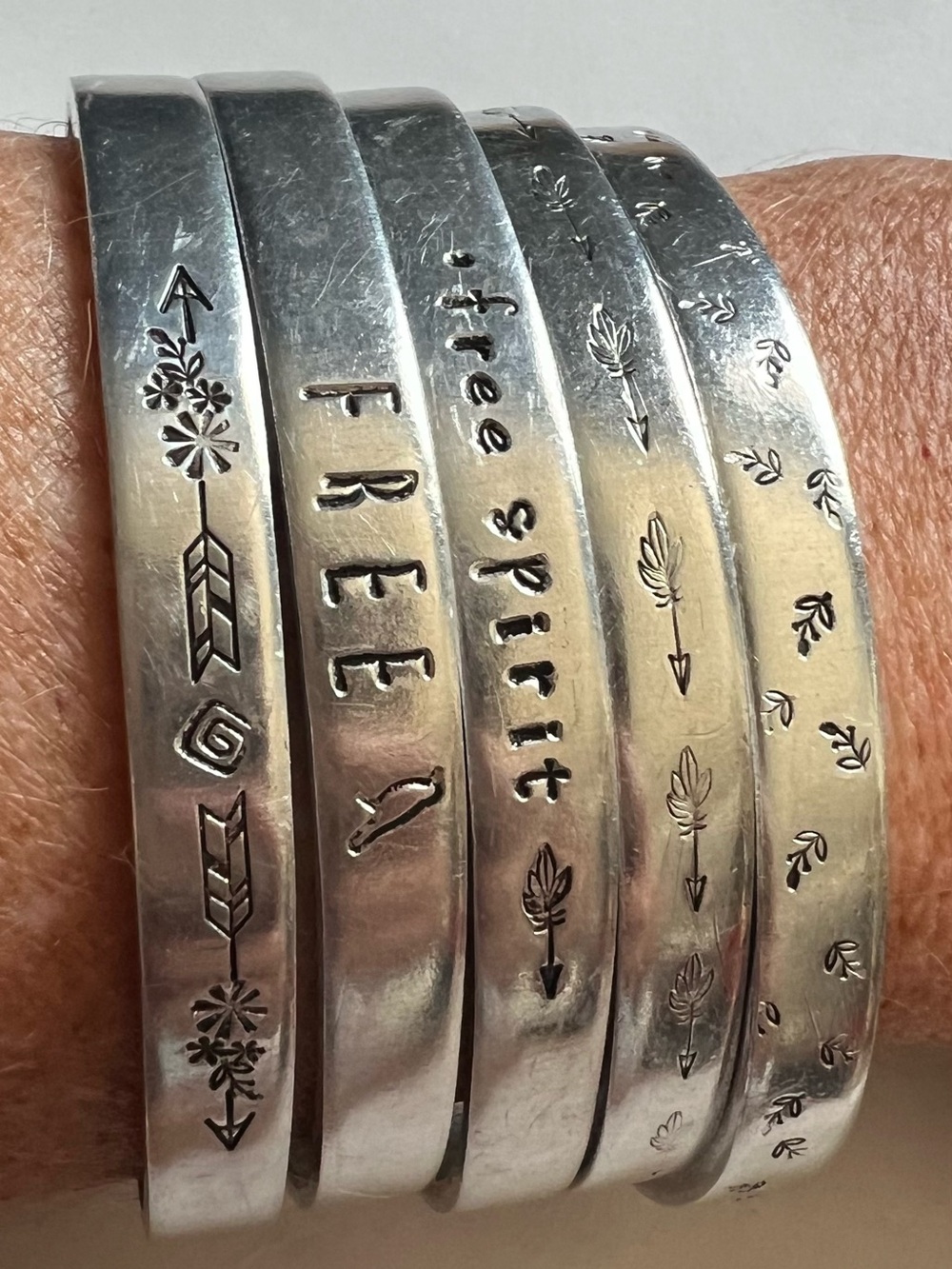 Stamped Silver Tone Inspirational Cuff Bracelet Set of 5